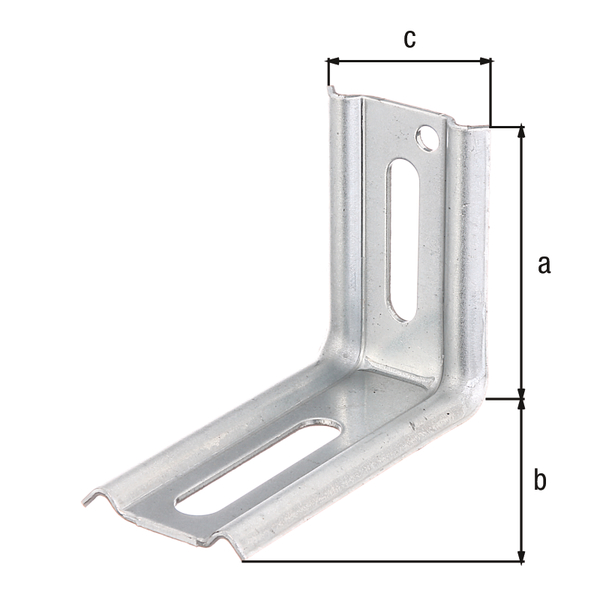 Adjustable angle connector, stamped, 90° angle, Material: raw steel, Surface: sendzimir galvanised, Depth: 50 mm, Height: 70 mm, Width: 30 mm, Material thickness: 1.50 mm, No. of holes: 1 / 1 / 1, Hole: 8 x 40 / 6.5 x 40 / Ø4.5 mm