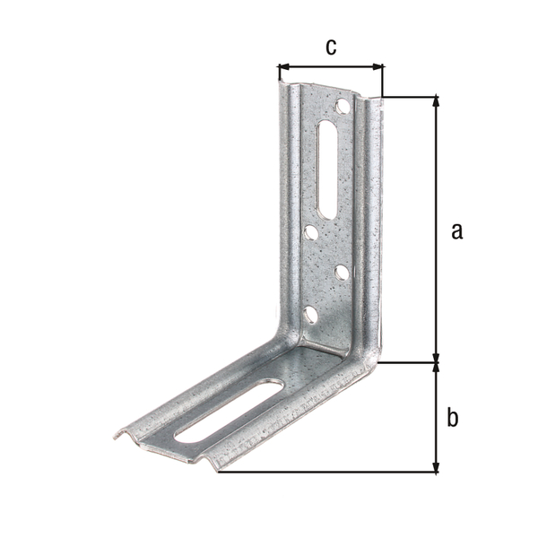 Adjustable angle connector, stamped, 90° angle, Material: raw steel, Surface: sendzimir galvanised, Depth: 80 mm, Height: 70 mm, Width: 30 mm, Material thickness: 1.50 mm, No. of holes: 1 / 1 / 4, Hole: 8 x 40 / 6.5 x 40 / Ø4.5 mm