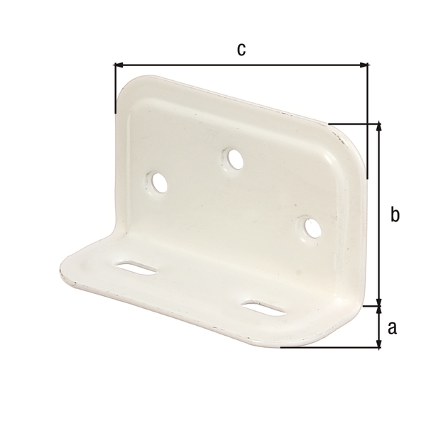 Équerre large Côtés inégaux, Matériau: Acier brut, Finition: phosphatée au zinc, plastifiée blanche, Profondeur: 25 mm, Hauteur: 40 mm, Largeur: 70 mm, Épaisseur: 1,50 mm, Nombre de trous: 3 / 2, Trou: Ø5 / 12 x 5 mm, CutCase