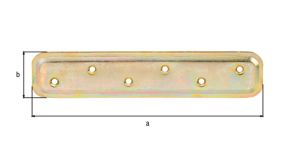 Platine d'assemblage emboutie, avec trous de vis fraisés, Matériau: Acier brut, Finition: galvanisée passivée, Longueur: 180 mm, Largeur: 40 mm, Épaisseur: 2,00 mm, Nombre de trous: 6, Trou: Ø4,5 mm, CutCase