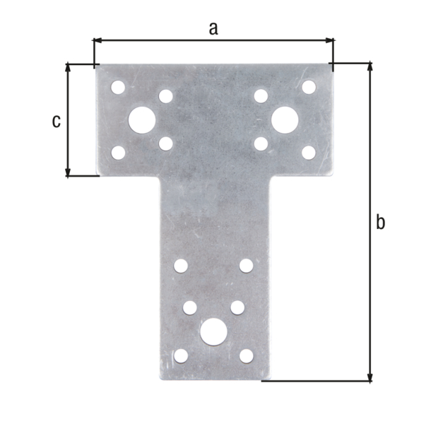 Flachverbinder, T-Form, Material: Stahl roh, Oberfläche: sendzimirverzinkt, Länge: 80 mm, Höhe: 106 mm, Breite: 38 mm, Materialstärke: 2,00 mm, Anzahl Löcher: 4 / 20, Loch: Ø11 / Ø5 mm