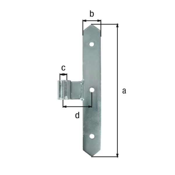 Penture milieu bout arrondi, Matériau: Acier brut, Finition: zinguée, Hauteur: 250 mm, Largeur: 35 mm, ø gond: 16 mm, Entraxe entre le milieu de la penture et le milieu du gond: 50 mm, Épaisseur: 4,00 mm