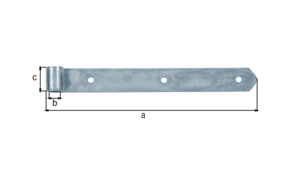 Pernio recto, extremidad redondeada, Material: Acero crudo, Superficie: galvanizado, Longitud: 300 mm, Ø del rodillo: 16 mm, Anchura: 35 mm, Espesura del material: 4,00 mm, Número de agujeros: 3, Perforación: Ø8 mm