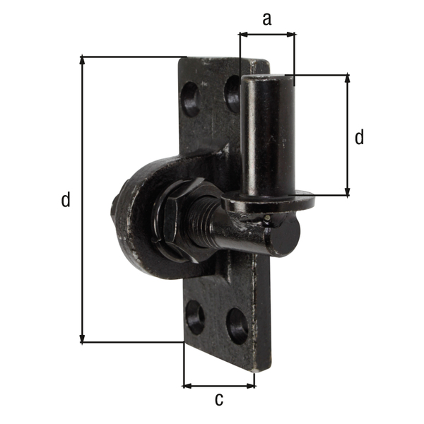 Gozne para atornillar, regulable, Material: Acero crudo, Superficie: galvanizado en negro, Ø Entre eje: 16 mm, Altura de la pletina: 105 mm, Anchura de la pletina: 45 mm, Longitud del eje: 35 mm, ajustable en: 20 mm