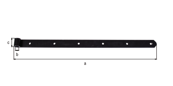 Bandella, modello diritto, estremità arrotondata, Materiale: acciaio grezzo, superficie: zincata blu, plastificata nera, lunghezza: 600 mm, Ø rulli: 16 mm, larghezza: 35 mm, Spessore del materiale: 4,00 mm, Numero di fori: 6, Foro: Ø8 mm, 15 anni di garanzia contro la formazione di ruggine