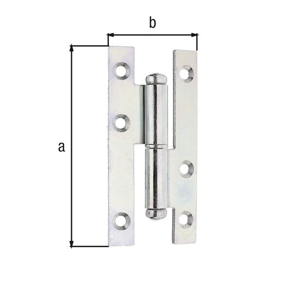 Lift-off hinge, with countersunk screw holes, Material: raw steel, Surface: sendzimir galvanised, left, Length: 94 mm, Width: 45 mm, Material thickness: 2.50 mm, No. of holes: 6, Hole: Ø5 mm