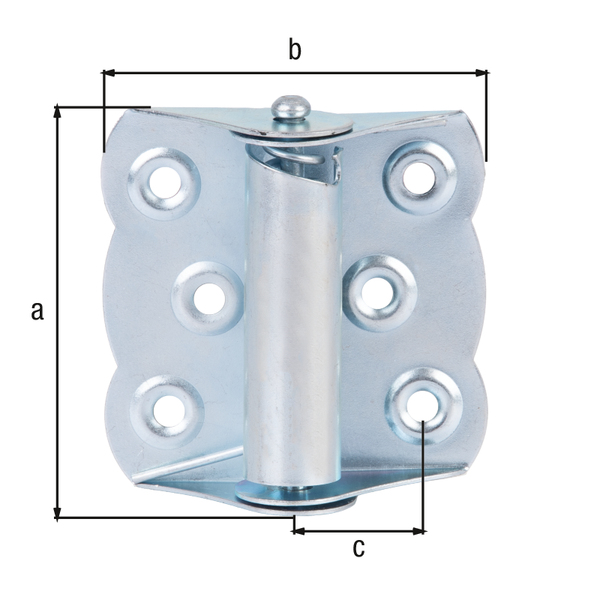 Hinge, self-closing, with countersunk screw holes, Material: raw steel, Surface: blue galvanised, Contents per PU: 1 Piece, Length: 70 mm, Width: 65 mm, Depth: 22 mm, Material thickness: 1.00 mm, No. of holes: 6, Hole: Ø5.5 mm