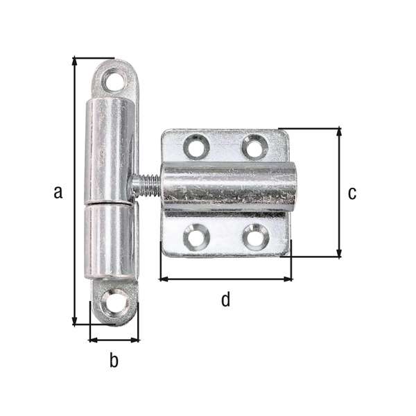 Lift-off hinge, adjustable, with countersunk screw holes, Material: raw steel, Surface: galvanised, thick-film passivated, Length: 83 mm, Width: 15 mm, Plate length: 40 mm, Plate width: 40 mm, No. of holes: 2 / 4, Hole: Ø6 / Ø5.3 mm