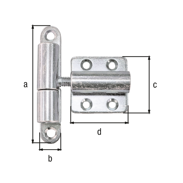 Bisagra universal regulable, con agujeros para atornillar avellanados, Material: Acero crudo, Superficie: galvanizados, pasivado con capa gruesa, Longitud: 83 mm, Anchura: 15 mm, Longitud de la pletina: 40 mm, Anchura de la pletina: 40 mm, Número de agujeros: 2 / 4, Perforación: Ø6 / Ø5,3 mm