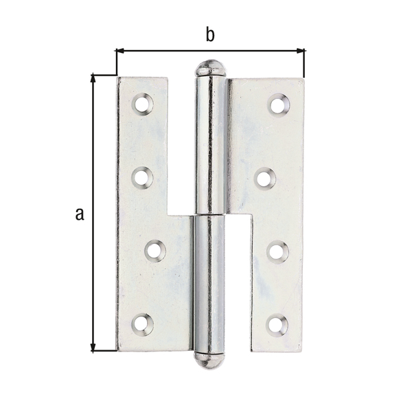 Aushebescharnier, mit versenkten Schraublöchern, Material: Stahl roh, Oberfläche: sendzimirverzinkt, links, Länge: 120 mm, Breite: 88 mm, Materialstärke: 2,70 mm, Anzahl Löcher: 8, Loch: Ø6 mm