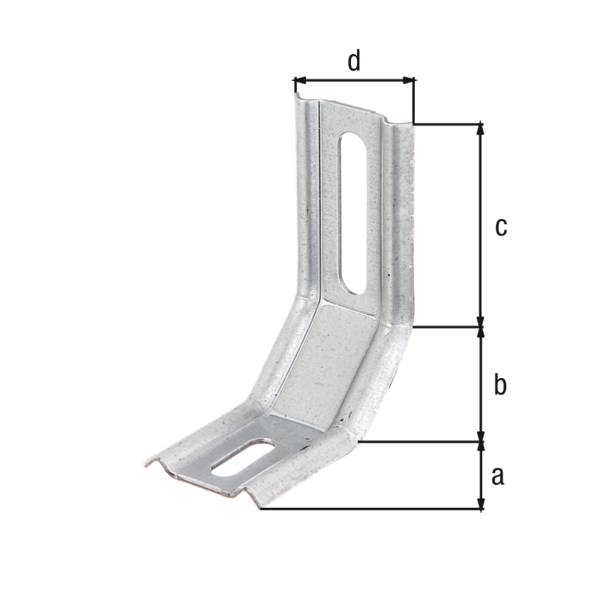 Verstellwinkel, geprägt, zweimal 45°-Winkel, Material: Stahl roh, Oberfläche: sendzimirverzinkt, Tiefe: 35 mm, Schenkel: 30 mm, Höhe: 50 mm, Breite: 32 mm, Materialstärke: 1,50 mm, Anzahl Löcher: 1 / 1, Loch: 8 x 40 / 6,5 x 20 mm