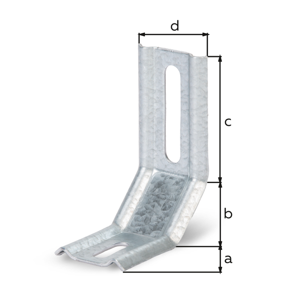 Verstellwinkel, geprägt, zweimal 45°-Winkel, Material: Stahl roh, Oberfläche: sendzimirverzinkt, Tiefe: 35 mm, Schenkel: 30 mm, Höhe: 50 mm, Breite: 32 mm, Materialstärke: 1,50 mm, Anzahl Löcher: 1 / 1, Loch: 8 x 40 / 6,5 x 20 mm, CutCase