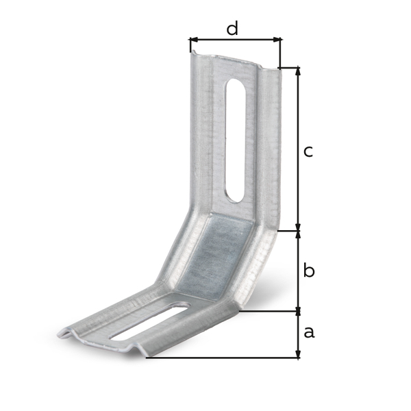 Équerre réglable 3 pans - 2 angles 45°, Matériau: Acier brut, Finition: galvanisée Sendzimir, Profondeur: 50 mm, Cuisse: 30 mm, Hauteur: 60 mm, Largeur: 32 mm, Épaisseur: 1,50 mm, Nombre de trous: 1 / 1, Trou: 8 x 40 / 6,5 x 40 mm, CutCase