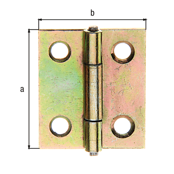 Hinge, narrow, with countersunk screw holes, Material: raw steel, Surface: yellow galvanised, with riveted stainless steel pin, Length: 25.5 mm, Width: 22 mm, Type: rolled, Material thickness: 0.75 mm, No. of holes: 4, Hole: Ø3 mm
