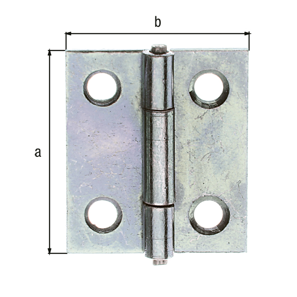 Bisagra estrecha, con agujeros para atornillar avellanados, Material: Acero crudo, Superficie: galvanizado bicromatado, con pasador de acero inoxidable remachado, Longitud: 25,5 mm, Anchura: 22 mm, Versión: enrollado, Espesura del material: 0,75 mm, Número de agujeros: 4, Perforación: Ø3 mm