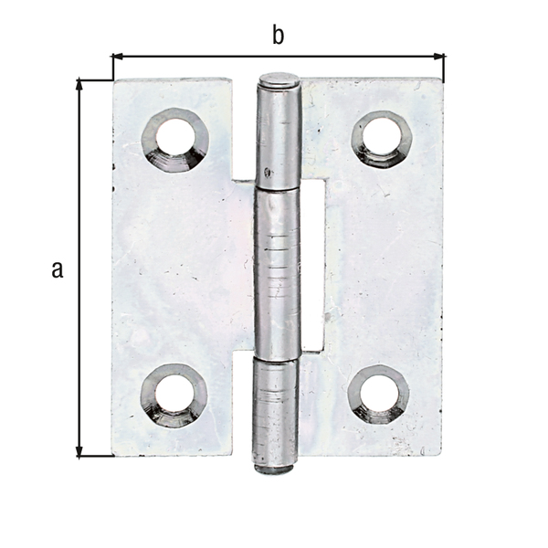 Hinge, narrow, with countersunk screw holes, Material: raw steel, Surface: sendzimir galvanised, with riveted stainless steel pin, Length: 31.5 mm, Width: 25.8 mm, Type: rolled, Material thickness: 0.75 mm, No. of holes: 4, Hole: Ø3 mm
