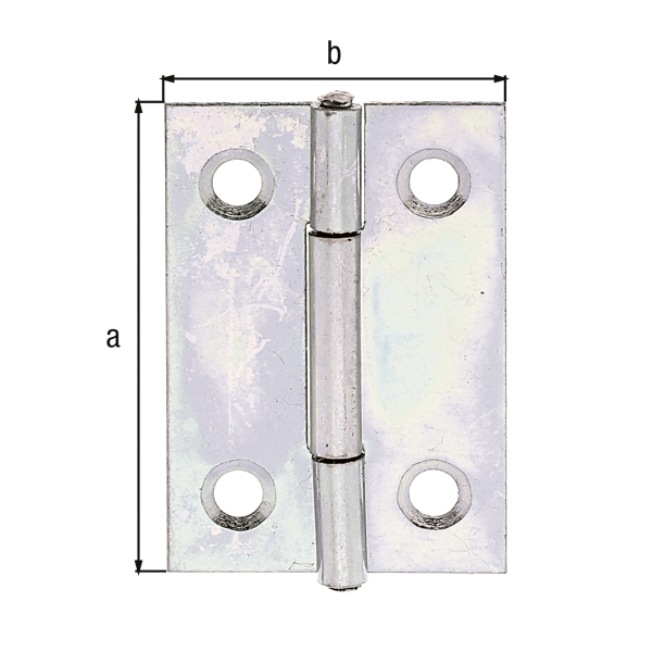 Hinge, narrow, with countersunk screw holes, Material: raw steel, Surface: yellow galvanised, with riveted stainless steel pin, Length: 38 mm, Width: 26 mm, Type: rolled, Material thickness: 0.75 mm, No. of holes: 4, Hole: Ø3.7 mm