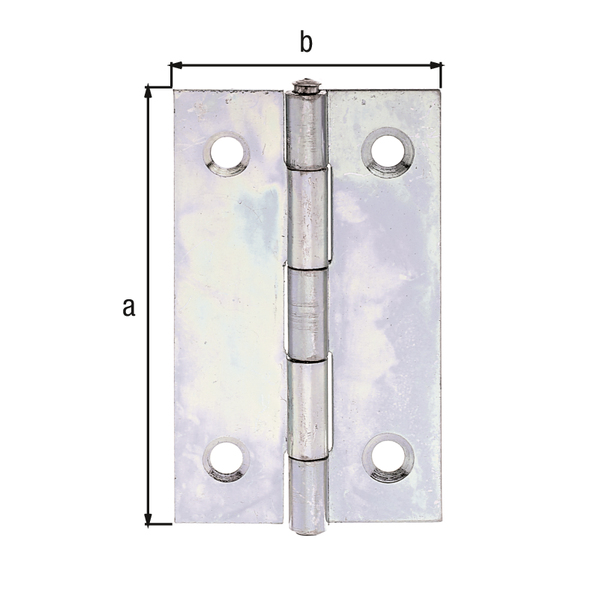 Scharnier, schmal, mit versenkten Schraublöchern, Material: Stahl roh, Oberfläche: sendzimirverzinkt, mit vernietetem Edelstahlstift, Länge: 51 mm, Breite: 30 mm, Ausführung: gerollt, Materialstärke: 0,75 mm, Anzahl Löcher: 4, Loch: Ø3,7 mm