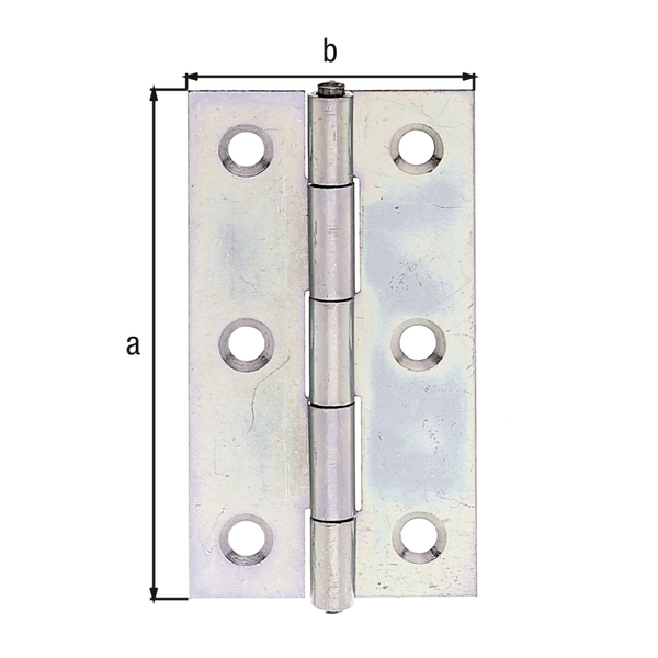 Hinge, narrow, with countersunk screw holes, Material: raw steel, Surface: sendzimir galvanised, with riveted stainless steel pin, Length: 60 mm, Width: 34 mm, Type: rolled, Material thickness: 1.00 mm, No. of holes: 6, Hole: Ø4.3 mm
