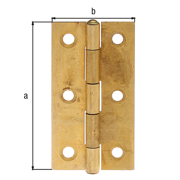Hinge, narrow, with countersunk screw holes, Material: brass with riveted brass pin, Length: 64 mm, Width: 34 mm, Type: rolled, Material thickness: 1.00 mm, No. of holes: 6, Hole: Ø4.3 mm