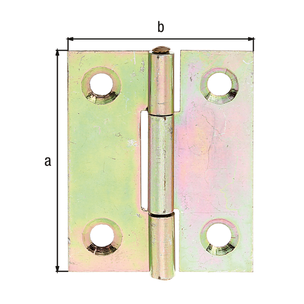 Hinge, medium, with riveted stainless steel pin, with countersunk screw holes, Material: raw steel, Surface: yellow galvanised, Length: 41 mm, Width: 33 mm, Type: rolled, Material thickness: 1.00 mm, No. of holes: 4, Hole: Ø4.7 mm