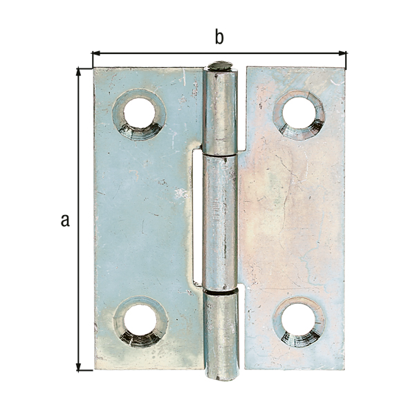 Hinge, medium, with riveted stainless steel pin, with countersunk screw holes, Material: raw steel, Surface: sendzimir galvanised, Length: 41 mm, Width: 32.9 mm, Type: rolled, Material thickness: 1.00 mm, No. of holes: 4, Hole: Ø4.7 mm