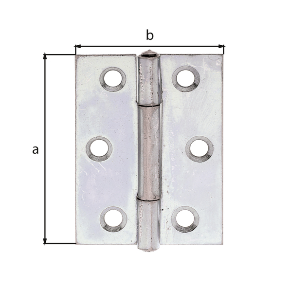 Bisagra semi larga, con pasador de inox remachado, con agujeros para atornillar avellanados, Material: Acero crudo, Superficie: acero galvanizado Sendzimir, Longitud: 51 mm, Anchura: 37,2 mm, Versión: enrollado, Espesura del material: 1,00 mm, Número de agujeros: 6, Perforación: Ø4,5 mm