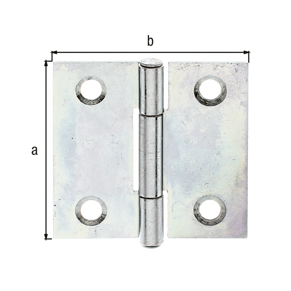 Charnière carrée, avec trous de vis fraisés, Matériau: Acier brut, Finition: galvanisée Sendzimir, avec tige inox rivetée, Longueur: 31,5 mm, Largeur: 31 mm, Version: roulée, Épaisseur: 0,75 mm, Nombre de trous: 4, Trou: Ø3,5 mm