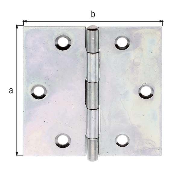 Charnière carrée, avec trous de vis fraisés, Matériau: Acier brut, Finition: galvanisée Sendzimir, avec tige inox rivetée, Longueur: 60 mm, Largeur: 60 mm, Version: roulée, Épaisseur: 1,00 mm, Nombre de trous: 6, Trou: Ø4,5 mm