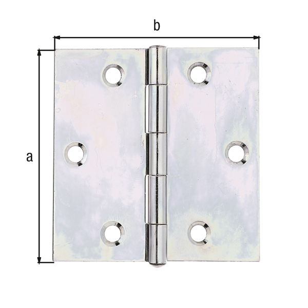 Hinge, squared, with countersunk screw holes, Material: raw steel, Surface: sendzimir galvanised, with riveted stainless steel pin, Length: 70 mm, Width: 70 mm, Type: rolled, Material thickness: 1.50 mm, No. of holes: 6, Hole: Ø5 mm