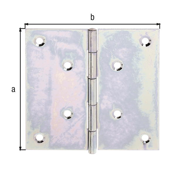 Scharnier, quadratisch, mit versenkten Schraublöchern, Material: Stahl roh, Oberfläche: sendzimirverzinkt, mit vernietetem Edelstahlstift, Länge: 100 mm, Breite: 100 mm, Ausführung: gerollt, Materialstärke: 1,20 mm, Anzahl Löcher: 8, Loch: Ø5 mm