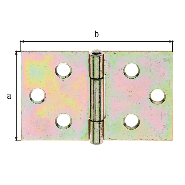 Hinge, wide, with riveted stainless steel pin, Material: raw steel, Surface: yellow galvanised, Length: 30 mm, Width: 47 mm, Type: rolled, Material thickness: 1.00 mm, No. of holes: 6, Hole: Ø4 mm