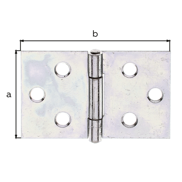 Charnière large, avec goupille en acier inoxydable rivetée, Matériau: Acier brut, Finition: galvanisée Sendzimir, Longueur: 30 mm, Largeur: 47,5 mm, Version: roulée, Épaisseur: 1,00 mm, Nombre de trous: 6, Trou: Ø4 mm