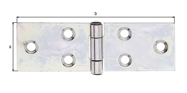 Table hinge, with riveted stainless steel pin, with countersunk screw holes, Material: raw steel, Surface: sendzimir galvanised, Length: 28 mm, Width: 80 mm, Type: rolled, Material thickness: 1.30 mm, No. of holes: 6, Hole: Ø4.5 mm