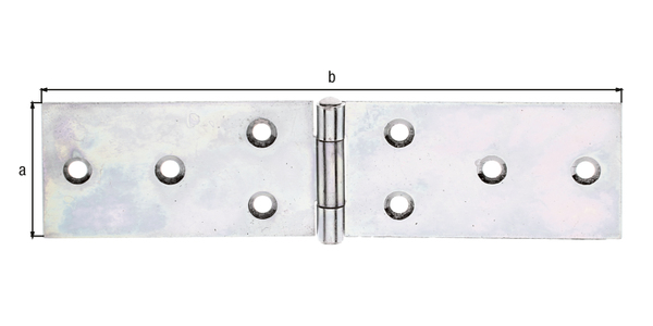 Charnière, avec goupille en acier inoxydable rivetée, avec trous de vis fraisés, Matériau: Acier brut, Finition: galvanisée Sendzimir, Longueur: 37 mm, Largeur: 160 mm, Version: roulée, Épaisseur: 1,50 mm, Nombre de trous: 8, Trou: Ø5 mm