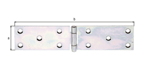 Tischband, mit vernietetem Edelstahlstift, mit versenkten Schraublöchern, Material: Stahl roh, Oberfläche: sendzimirverzinkt, Länge: 44 mm, Breite: 200 mm, Ausführung: gerollt, Materialstärke: 2,00 mm, Anzahl Löcher: 10, Loch: Ø6 mm