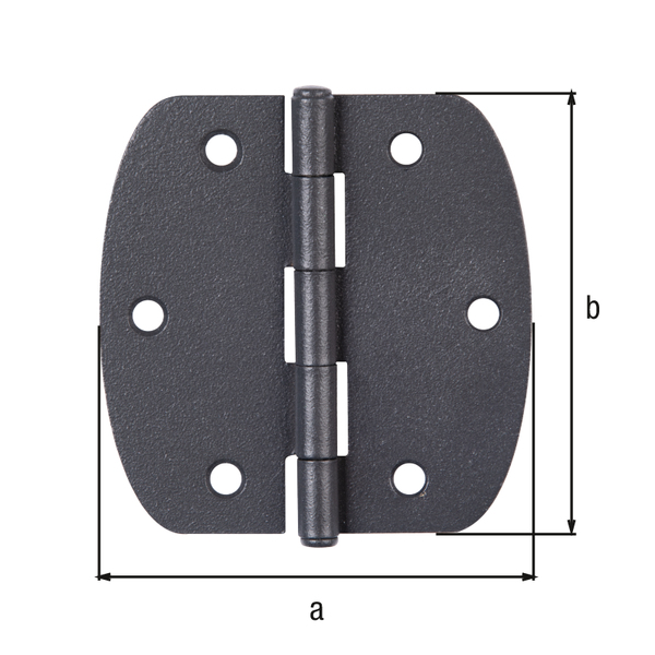 Ovado Hinge, with riveted stainless steel pin, with countersunk screw holes, Material: steel, Surface: galvanised, graphite grey powder-coated, Length: 64 mm, Width: 62 mm, Type: rolled, Material thickness: 1.00 mm, No. of holes: 6, Hole: Ø4.5 mm