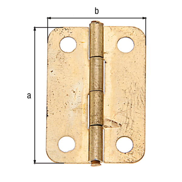 Bisagra, con pasador de acero inoxidable, Material: Acero crudo, Superficie: latonado, Contenido por U.P.: 4 Pieza, Longitud: 24 mm, Anchura: 17 mm, Espesura del material: 0,50 mm, Número de agujeros: 4, Perforación: Ø2,6 mm, Embalado SB