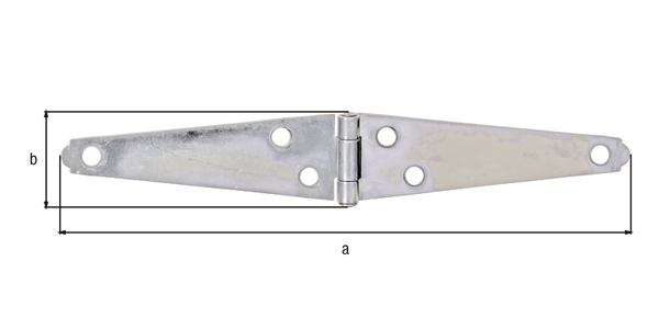 Zawias do skrzyni, z nitowanym trzpieniem, materiał: stal surowa, powierzchnia: ocynkowana galwanicznie, pasywowana grubowarstwowo, Długość: 148 mm, Szerokość: 28 mm, Wersja: toczona, Grubość materiału: 1,50 mm, Liczba otworów: 6, Otwór: Ø5,8 mm