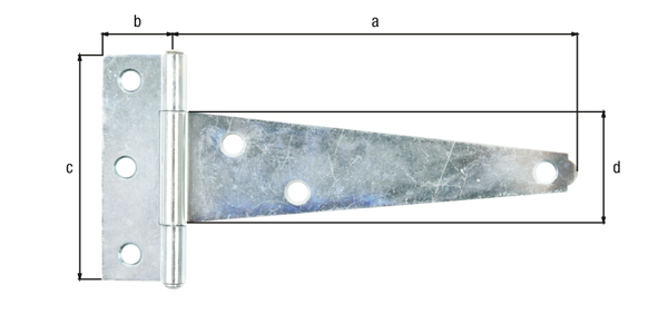 Kistenband, mit vernietetem Stift, mit versenkten Schraublöchern, Material: Stahl roh, Oberfläche: galvanisch blau verzinkt, Bandlänge: 125 mm, Scharnierbreite: 22,5 mm, Scharnierlänge: 70 mm, Bandbreite: 33,5 mm, Ausführung: gerollt, Materialstärke: 1,50 mm, Anzahl Löcher: 6, Loch: Ø5,5 mm, Frankreich-Artikel