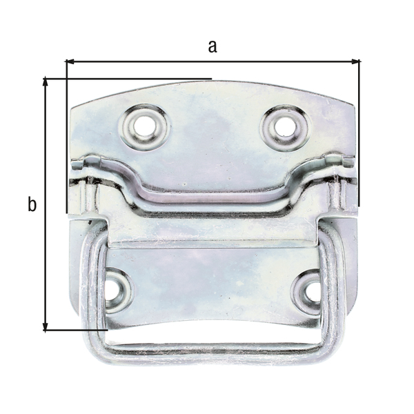 Manilla de baúl, con agujeros para atornillar avellanados, Material: Acero crudo, Superficie: galvanizados, pasivado con capa gruesa, Anchura de la pletina: 80 mm, Altura de la pletina: 74 mm, Profundidad: 11 mm, Espesura del material: 1,00 mm, Número de agujeros: 4, Perforación: Ø5 mm