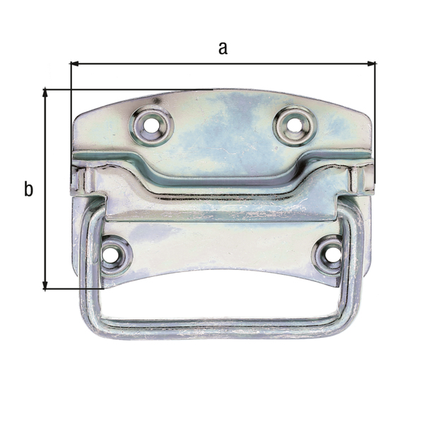 Box handle, with countersunk screw holes, Material: raw steel, Surface: galvanised, thick-film passivated, Plate width: 104 mm, Plate height: 80 mm, Depth: 12 mm, Material thickness: 1.20 mm, No. of holes: 4, Hole: Ø5.3 mm