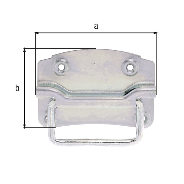 Poignée de malle, avec trous de vis fraisés, Matériau: Acier brut, Finition: galvanisée passivée, Largeur de platine: 120 mm, Hauteur de platine: 85 mm, Profondeur: 12 mm, Épaisseur: 1,50 mm, Nombre de trous: 4, Trou: Ø5,5 mm