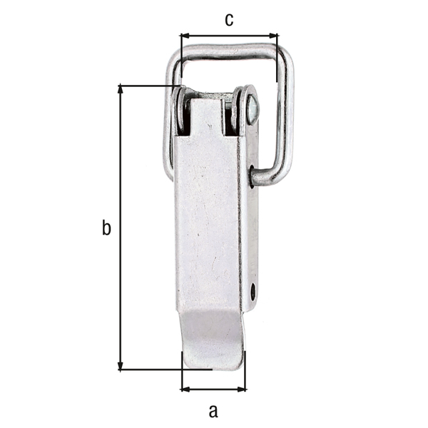 Hasp with latch without lock eye and without closing hook, with countersunk screw holes, Material: raw steel, Surface: galvanised, thick-film passivated, Width: 13 mm, Height: 49 mm, Loop width: 15 mm, No. of holes: 2, Hole: Ø3.7 mm