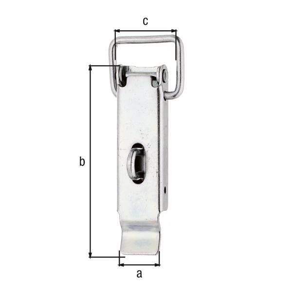 Hasp with latch with lock eye, without closing hook, Material: raw steel, Surface: galvanised, thick-film passivated, Width: 24 mm, Height: 93 mm, Loop width: 30 mm, For hook width: 25 mm, Clip Ø: 4 mm, No. of holes: 3, Hole: Ø5 mm