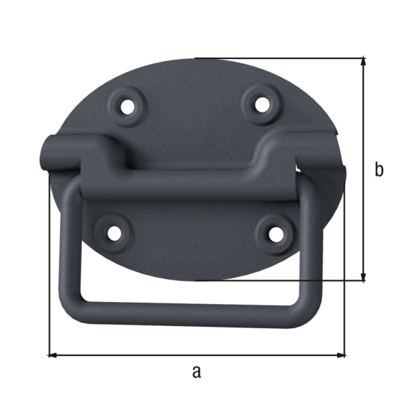 Ovado Box handle, Material: steel, Surface: galvanised, graphite grey powder-coated, Plate width: 110 mm, Plate height: 80 mm, Depth: 12 mm, Material thickness: 1.20 mm, No. of holes: 4, Hole: Ø5 mm