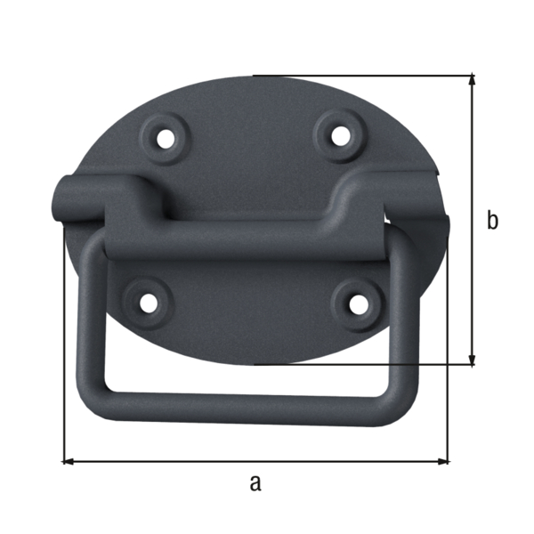 Maniglia per casse Ovado, Materiale: acciaio, superficie: zincata, plastificata grigio grafite, Larghezza piastra: 110 mm, Altezza piastra: 80 mm, Profondità: 12 mm, Spessore del materiale: 1,20 mm, Numero di fori: 4, Foro: Ø5 mm