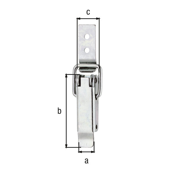 Hasp with latch without lock eye, with cranked closing hook, with countersunk screw holes, Material: raw steel, Surface: galvanised, thick-film passivated, Contents per PU: 1 Piece, Width: 13 mm, Height: 49 mm, Loop width: 15 mm, For hook width: 13 mm, Clip Ø: 3 mm, No. of holes: 2, Hole: Ø3.7 mm, Retail packaged