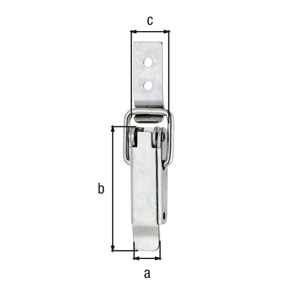 Kistenverschluss ohne Schlossöse, mit Schließhaken, gekröpft, mit versenkten Schraublöchern, Material: Stahl roh, Oberfläche: galvanisch verzinkt, Dickschichtschutz, Inhalt pro PE: 1 St., Breite: 13 mm, Höhe: 49 mm, Schlaufenbreite: 15 mm, für Hakenbreite: 13 mm, Bügel-Ø: 3 mm, Anzahl Löcher: 2, Loch: Ø3,7 mm, SB-verpackt