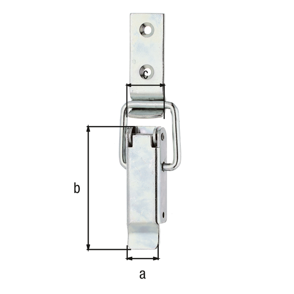 Hasp with latch without lock eye, with cranked closing hook, with countersunk screw holes, Material: raw steel, Surface: galvanised, thick-film passivated, Contents per PU: 1 Piece, Width: 18 mm, Height: 61 mm, Loop width: 22 mm, No. of holes: 2, Hole: Ø4 mm, Retail packaged
